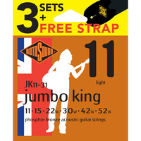 Rotosound Jumbo King Phosphor Bronze Value 3-Pack 11's + Free Strap [RJK1131]